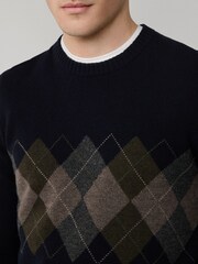Hackett Blue Merino Wool Argyle Crew Neck Jumper - Image 3 of 6