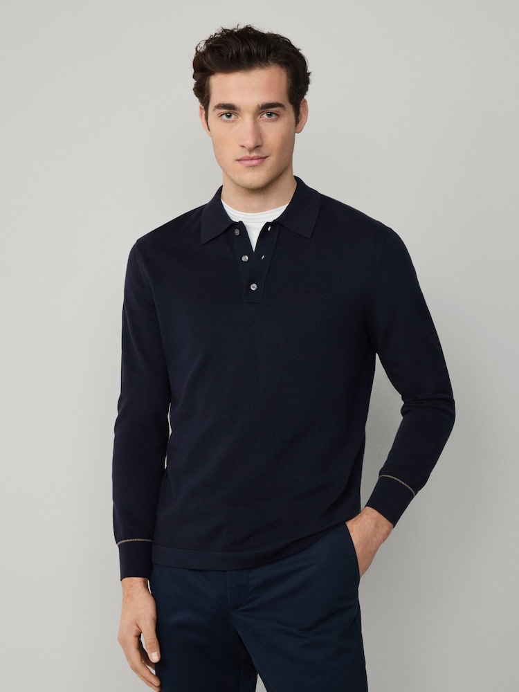 Albastru - Hackett Hackett Cotton-Silk Long Sleeve Textured Knit Polo Shirt - Image 3 of 6