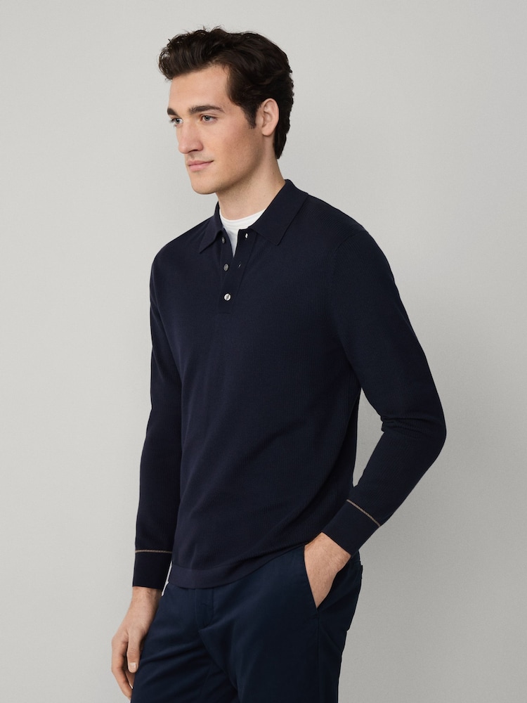 Albastru - Hackett Hackett Cotton-Silk Long Sleeve Textured Knit Polo Shirt - Image 4 of 6