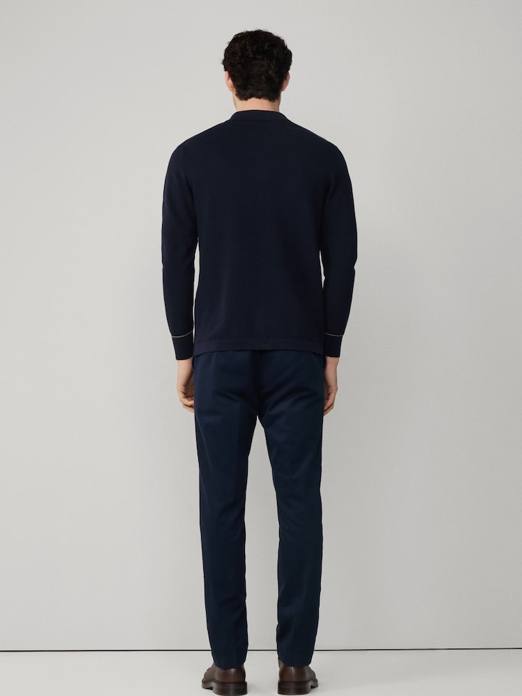 Albastru - Hackett Hackett Cotton-Silk Long Sleeve Textured Knit Polo Shirt - Image 5 of 6