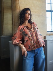 Pink National Trust x Next Floral Print Volume Sleeve Button Front Blouse - Image 1 of 9