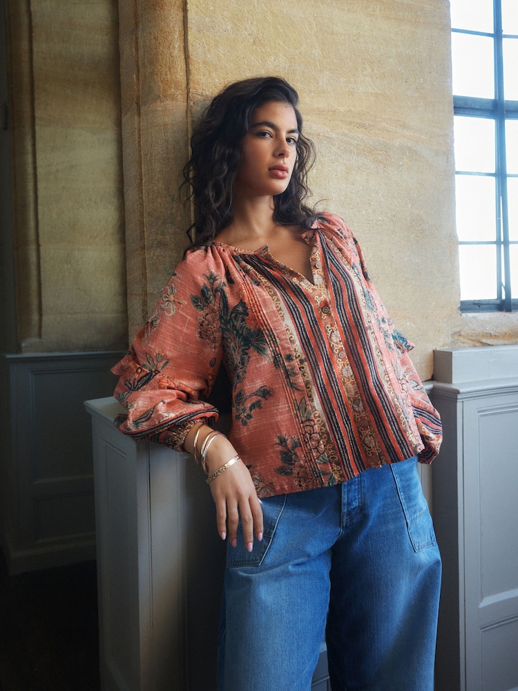 Pink National Trust x Next Floral Print Volume Sleeve Button Front Blouse - Image 1 of 9