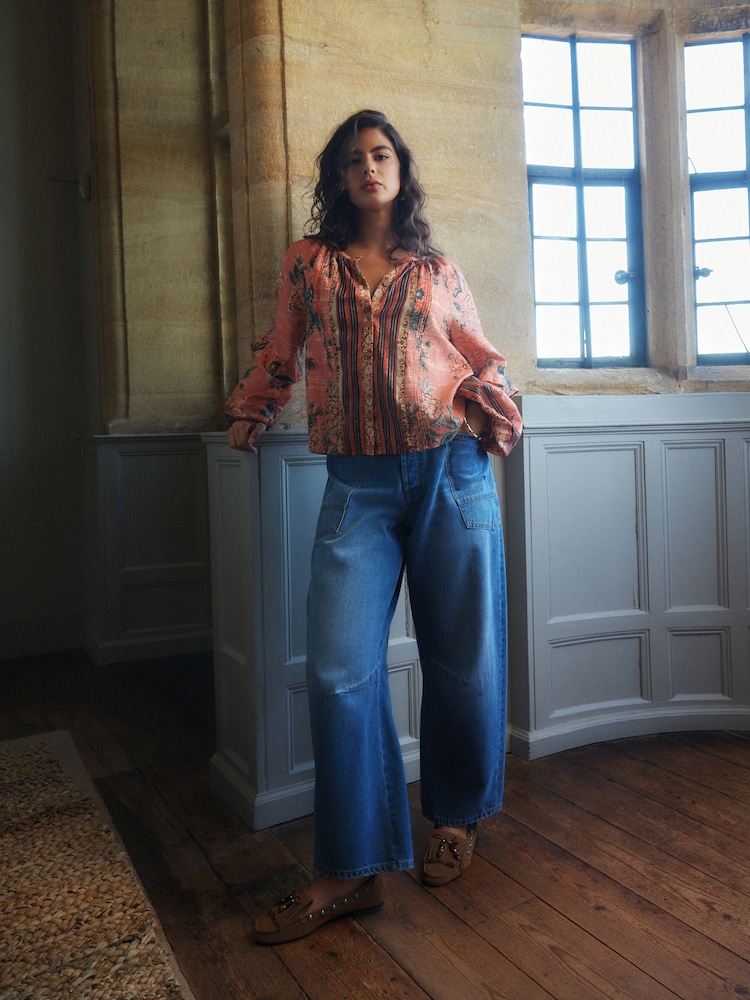 Pink National Trust x Next Floral Print Volume Sleeve Button Front Blouse - Image 2 of 9