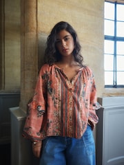 Pink National Trust x Next Floral Print Volume Sleeve Button Front Blouse - Image 4 of 9