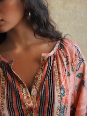 Pink National Trust x Next Floral Print Volume Sleeve Button Front Blouse - Image 6 of 9