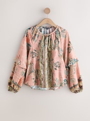 Pink National Trust x Next Floral Print Volume Sleeve Button Front Blouse - Image 7 of 9