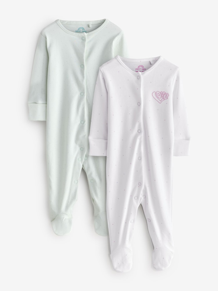 White and Green 2 Pack Love Embroidered Sleepsuits - Image 1 of 3 White and Green 2 Pack Love Embroidered Sleepsuits - Image 1 of 3