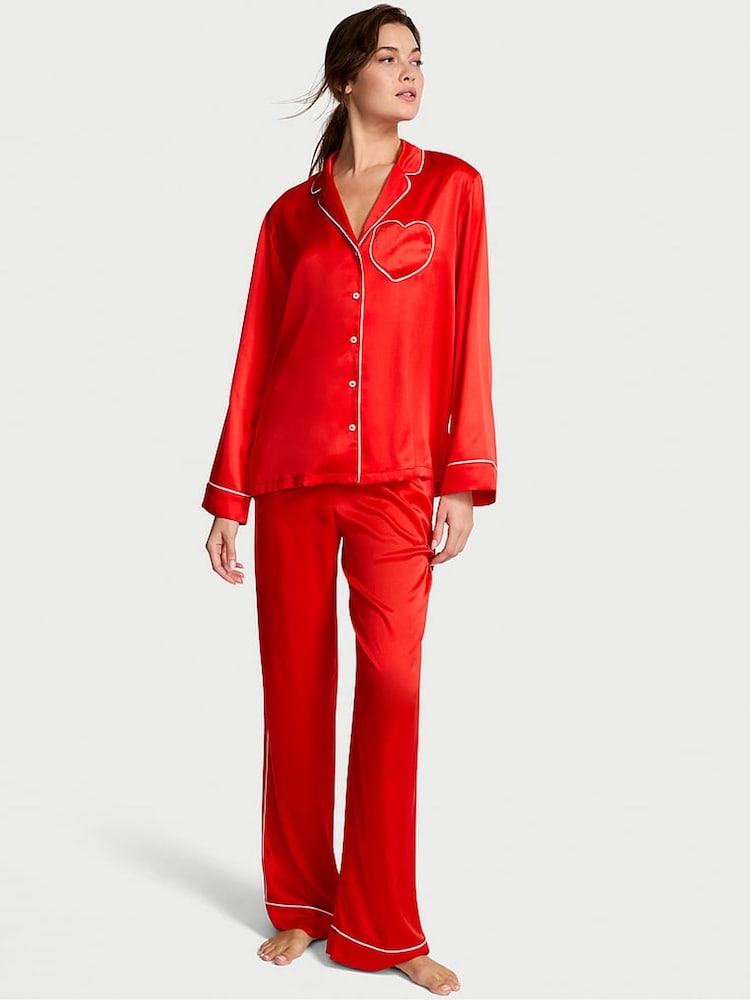 Victoria's Secret Bright Vermillion Red with Heart Pocket Satin Long Pyjamas Set - Image 1 of 2