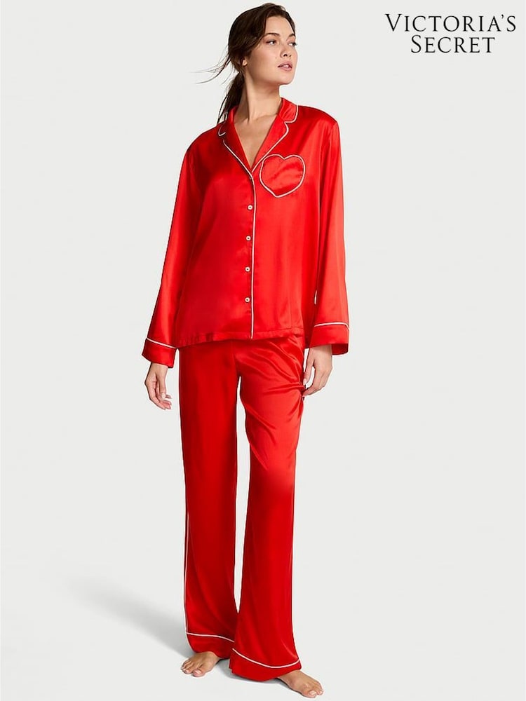 Victoria's Secret Bright Vermillion Red with Heart Pocket Satin Long Pyjamas Set - Image 4 of 4 Victoria's Secret Bright Vermillion Red with Heart Pocket Satin Long Pyjamas Set - Image 4 of 4