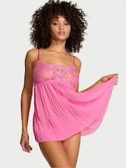 Victoria's Secret Rose Garden Pink Lace Pleated Babydoll Set - Image 1 of 2