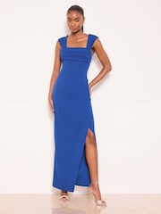 Lipsy Cobalt Blue Petite Square Neck Short Sleeve Ruched Maxi Dress - Image 1 of 4