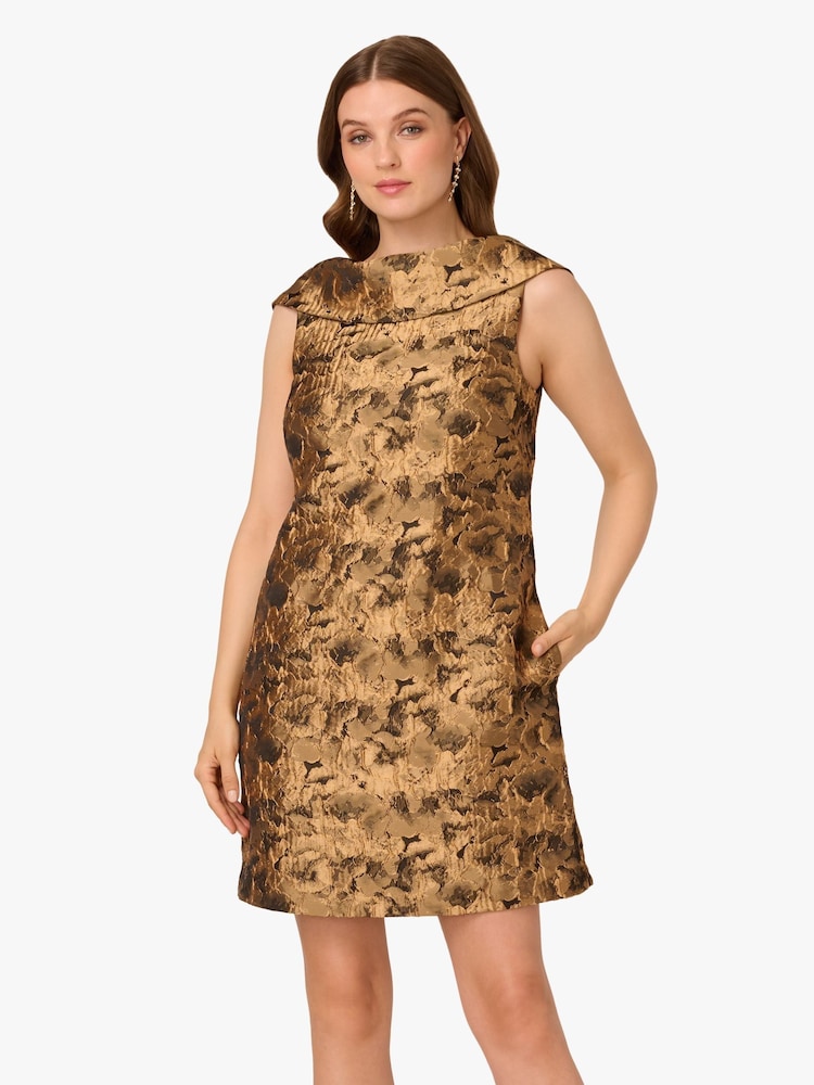 Adrianna Papell Gold Bias Collar Shift Dress - Image 1 of 6