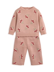 Mamas & Papas Pink Jacquard Floral Knit Top & Bottoms Set - Image 1 of 3