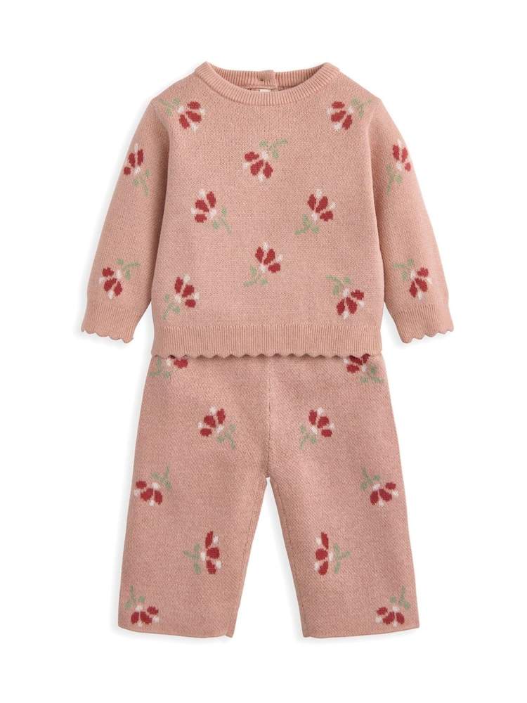 Mamas & Papas Pink Jacquard Floral Knit Top & Bottoms Set - Image 1 of 3 Mamas & Papas Pink Jacquard Floral Knit Top & Bottoms Set - Image 1 of 3