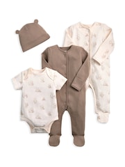 Mamas & Papas 4 Piece Teddy Bear Print Brown Sleepsuits Bodysuit & Hat Set - Image 1 of 5
