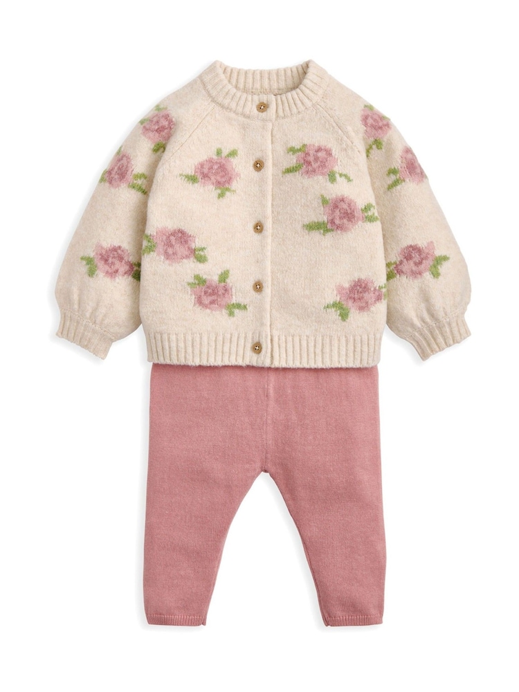 Mamas & Papas Pink Jacquard Knit Cardigan & Leggings Set - Image 1 of 3 Mamas & Papas Pink Jacquard Knit Cardigan & Leggings Set - Image 1 of 3