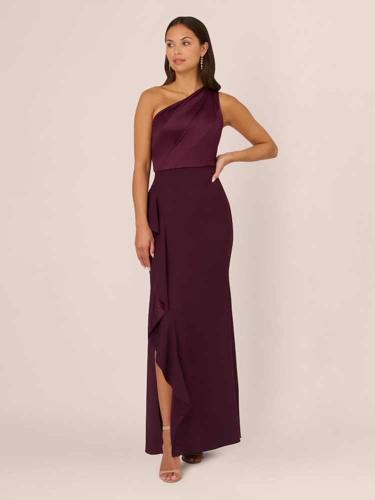Adrianna Papell Purple One Shoulder Satin Crepe Gown - Image 1 of 6 Adrianna Papell Purple One Shoulder Satin Crepe Gown - Image 1 of 6