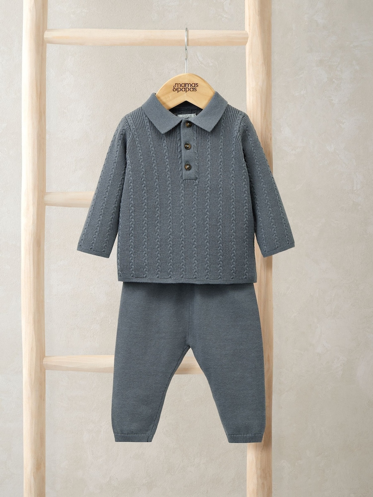 Mamas & Papas Blue Cable Knit Top & Jogger Set - Image 1 of 4 Mamas & Papas Blue Cable Knit Top & Jogger Set - Image 1 of 4