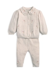 Mamas & Papas Embroidered Knit Brown Cardigan & Leggings Set with Scallop Detail - Image 1 of 3