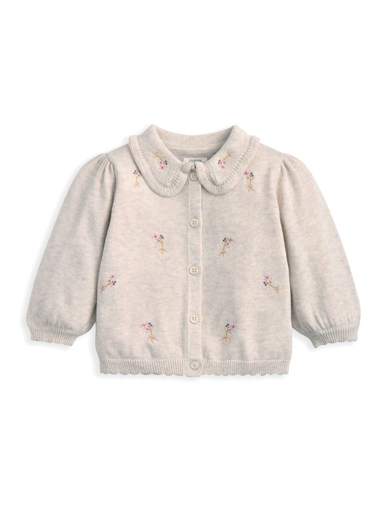 Mamas & Papas Embroidered Knit Brown Cardigan & Leggings Set with Scallop Detail - Image 2 of 3