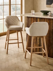 Tweedy Plain Light Natural Hamilton Mid Wood Leg Fixed Height Quilted Kitchen Bar Stool - Image 1 of 9