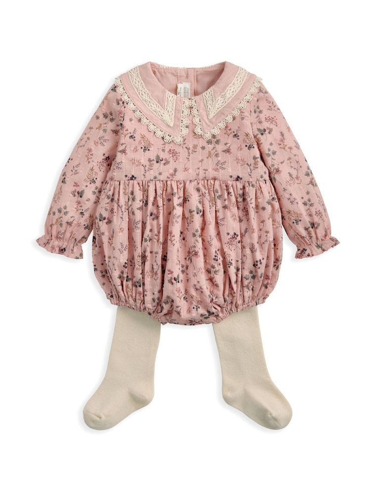 Mamas & Papas Pink Bramble Print Short Romper & Tights Set - Image 1 of 4 Mamas & Papas Pink Bramble Print Short Romper & Tights Set - Image 1 of 4