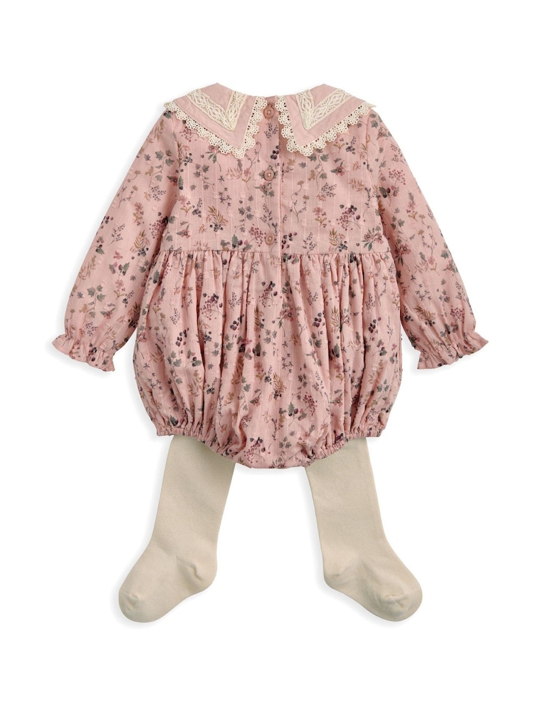 Mamas & Papas Pink Bramble Print Short Romper & Tights Set - Image 2 of 4 Mamas & Papas Pink Bramble Print Short Romper & Tights Set - Image 2 of 4