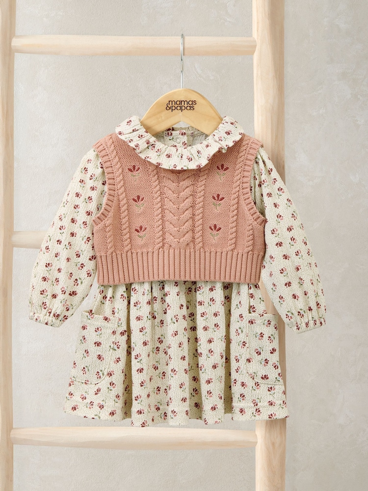 Mamas & Papas Pink Floral Frill Collar Dress & Embroidered Vest Set - Image 1 of 4 Mamas & Papas Pink Floral Frill Collar Dress & Embroidered Vest Set - Image 1 of 4