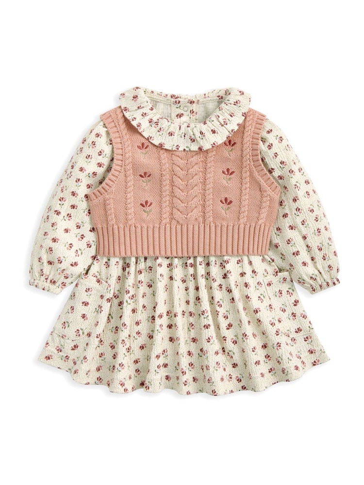 Mamas & Papas Pink Floral Frill Collar Dress & Embroidered Vest Set - Image 2 of 4 Mamas & Papas Pink Floral Frill Collar Dress & Embroidered Vest Set - Image 2 of 4