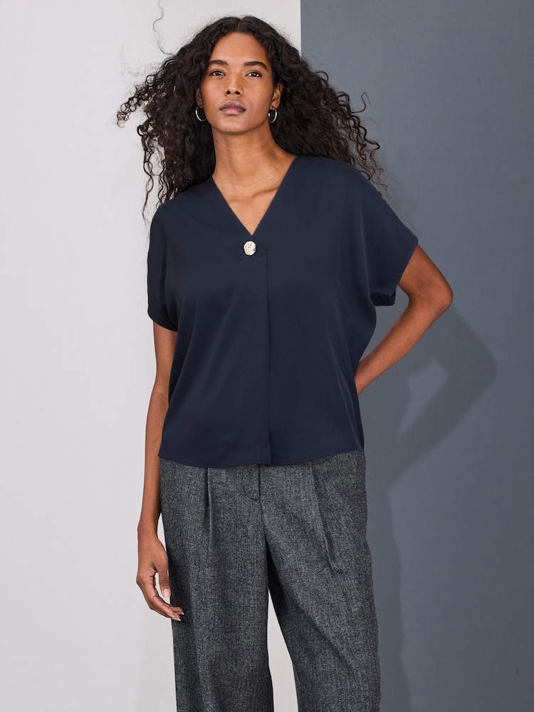 Bleu marine - Chemisier à manches courtes à Col en V - Image 1 de 6