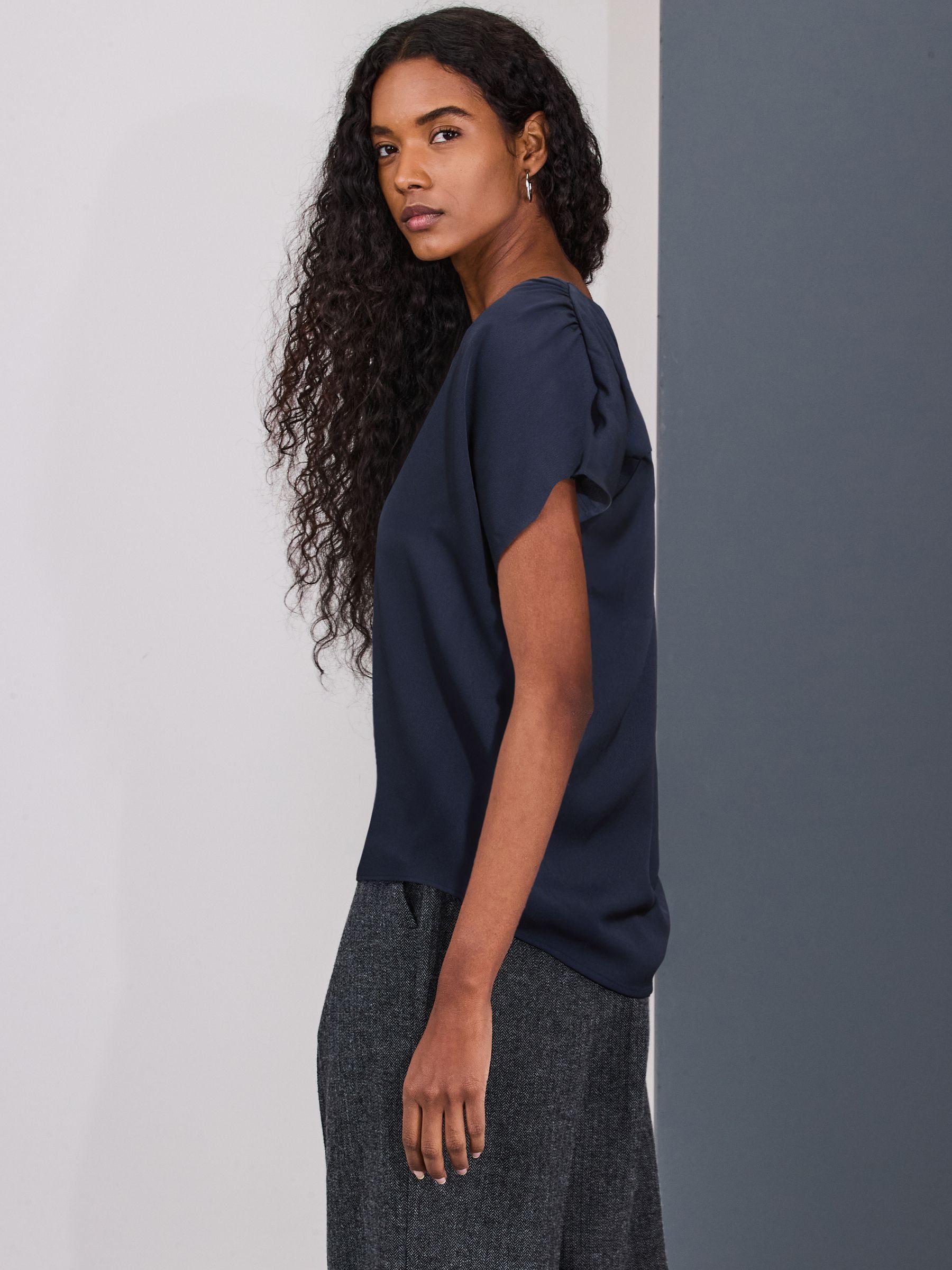 Buy Navy Blue Short Sleeve Overhead V-Neck Blouse from the Next UK