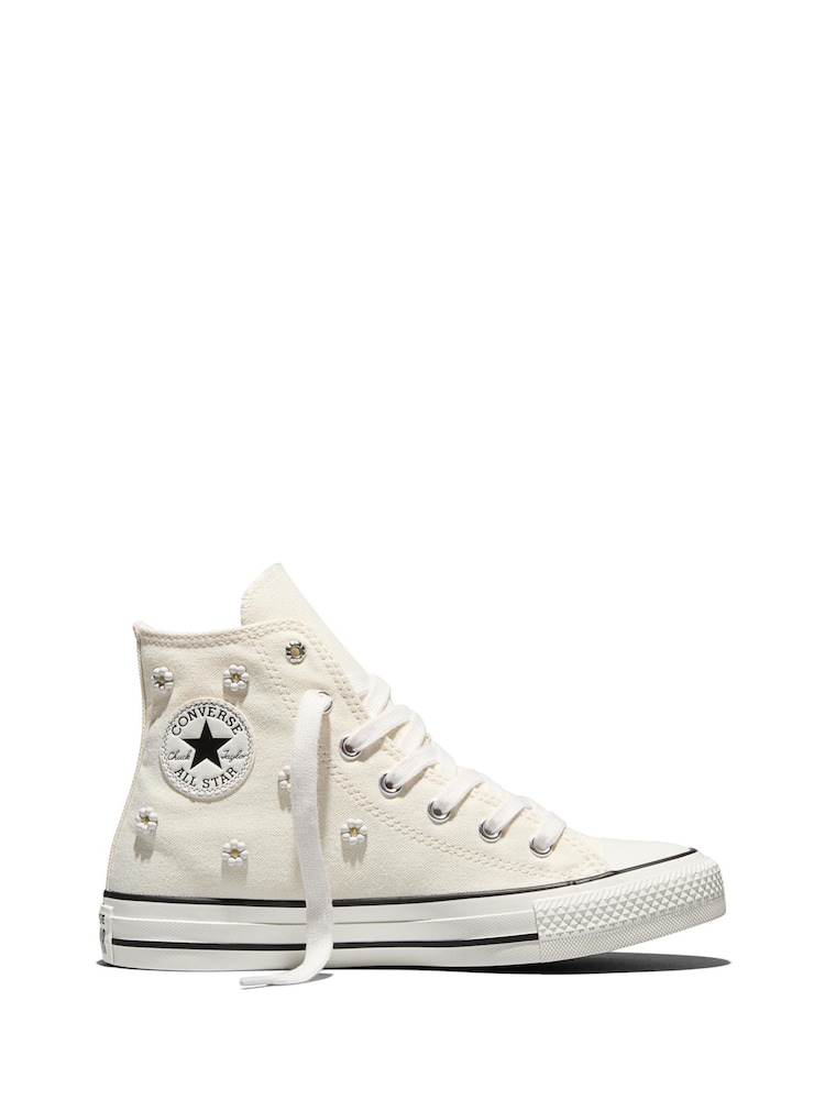Converse White Chuck Taylor Beaded Flower Hightop Trainers - Image 1 of 7