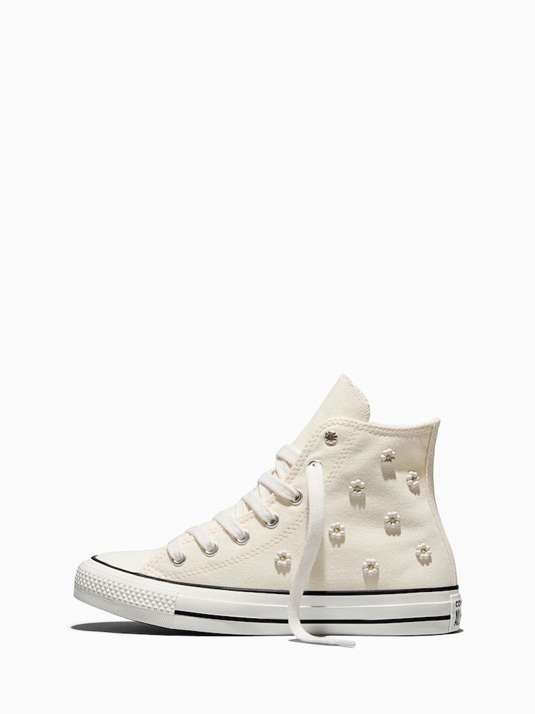 Converse White Chuck Taylor Beaded Flower Hightop Trainers - Image 2 of 7
