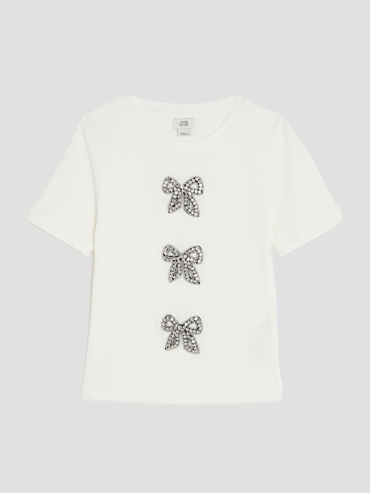 River Island Cream Girls Ribbed Bow T-Shirt - Image 1 of 4