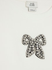 River Island Cream Girls Ribbed Bow T-Shirt - Image 3 of 4