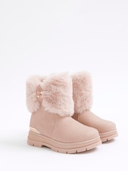 River Island Pink Girls Patent Heart Bow Fur Boots - Image 2 of 5