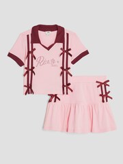 River Island Pink Girls Bow Polo Shirt and Skirt Set - Image 1 of 5