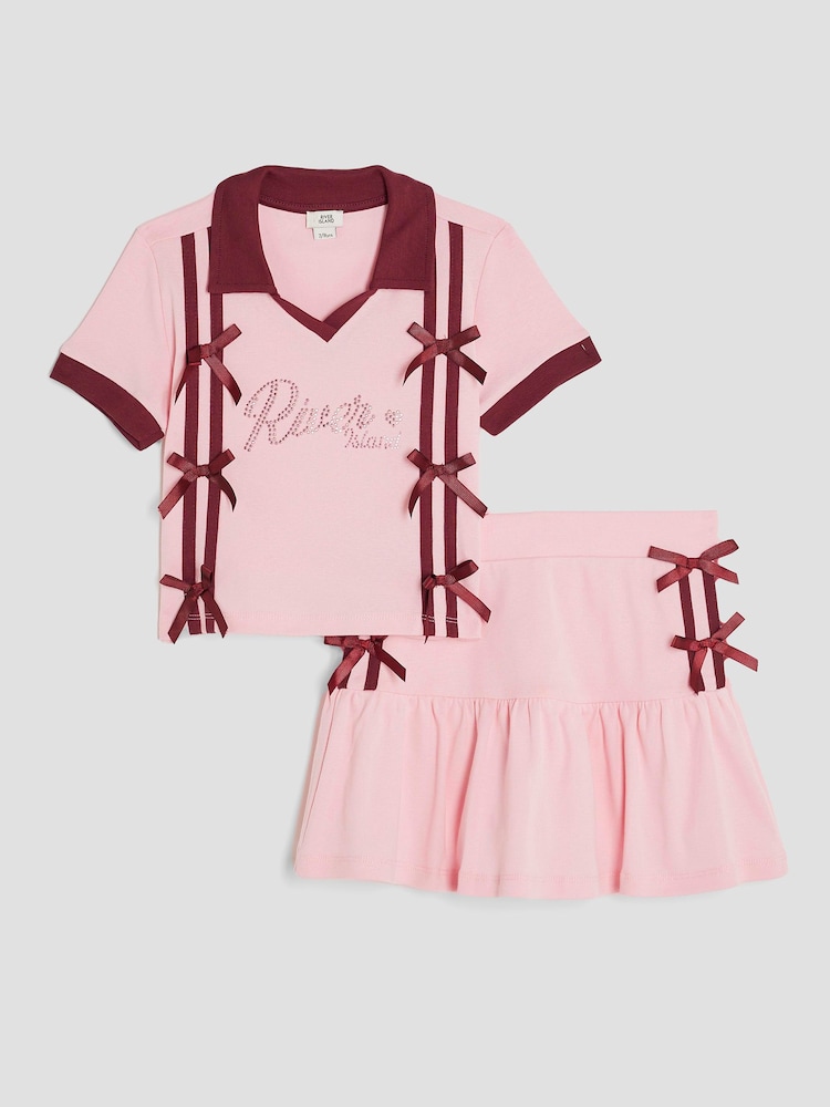 River Island Pink Girls Bow Polo Shirt and Skirt Set - Image 1 of 5