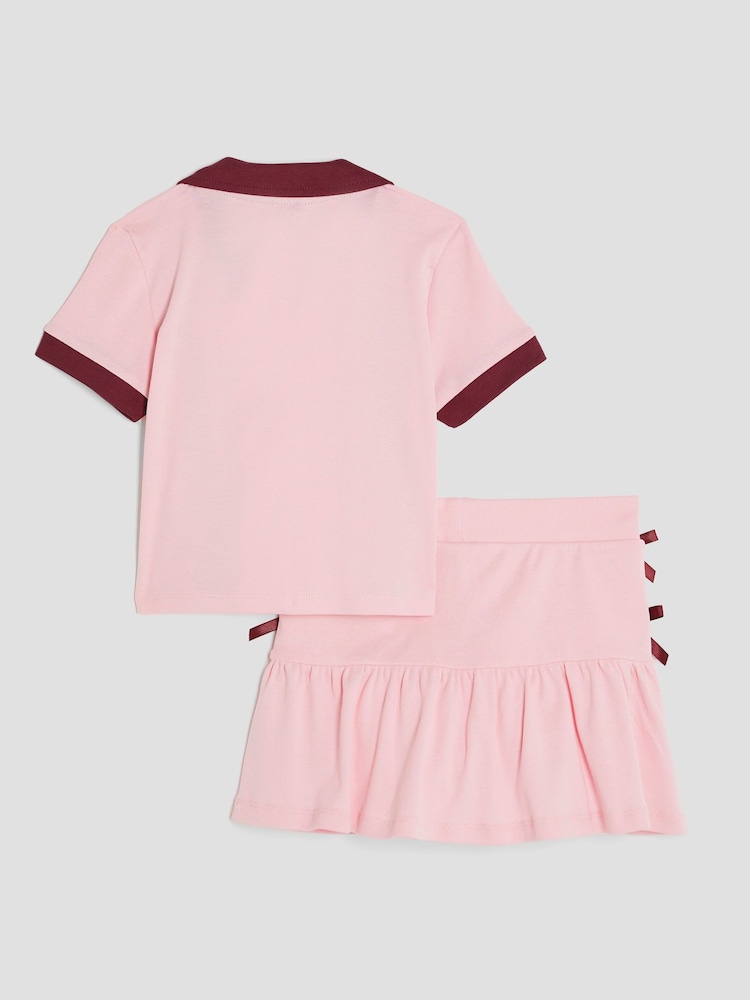River Island Pink Girls Bow Polo Shirt and Skirt Set - Image 2 of 5