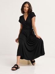 PixieGirl Petite Black Wrap Tie Waist Midi Dress - Image 1 of 5