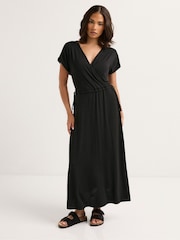 PixieGirl Petite Black Wrap Tie Waist Midi Dress - Image 2 of 5