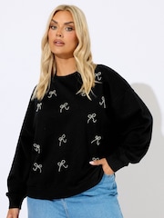 Yours Curve Black Bow Crew Neck Jumper - Image 1 of 5