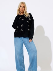 Yours Curve Black Bow Crew Neck Jumper - Image 2 of 5