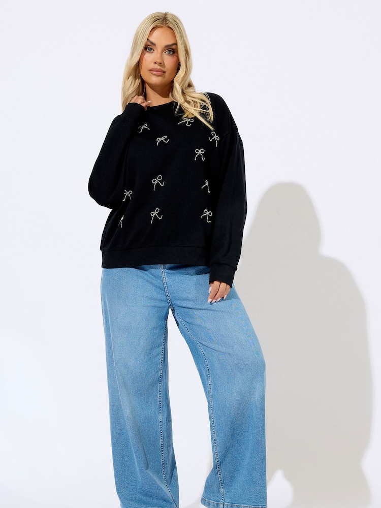 Yours Curve Black Bow Crew Neck Jumper - Image 2 of 5