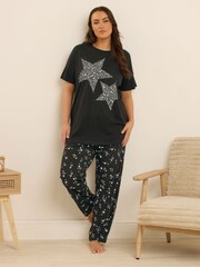 Yours Curve Black Starry Night Short Sleeve Wide Leg Pyjamas Set - Image 1 of 5