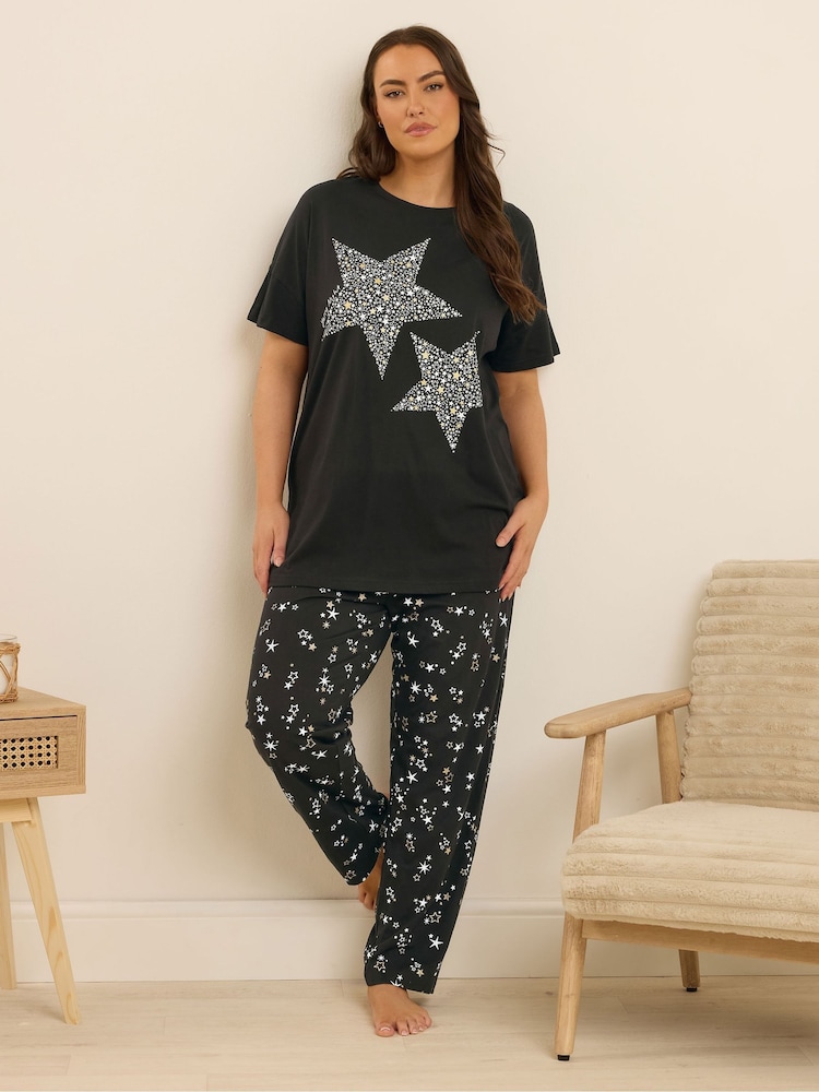 Yours Curve Black Starry Night Short Sleeve Wide Leg Pyjamas Set - Image 1 of 5
