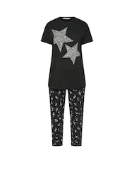 Yours Curve Black Starry Night Short Sleeve Wide Leg Pyjamas Set - Image 5 of 5