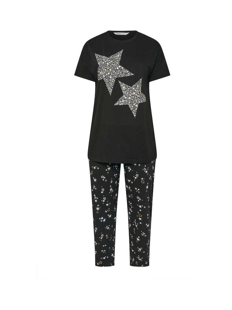 Yours Curve Black Starry Night Short Sleeve Wide Leg Pyjamas Set - Image 5 of 5
