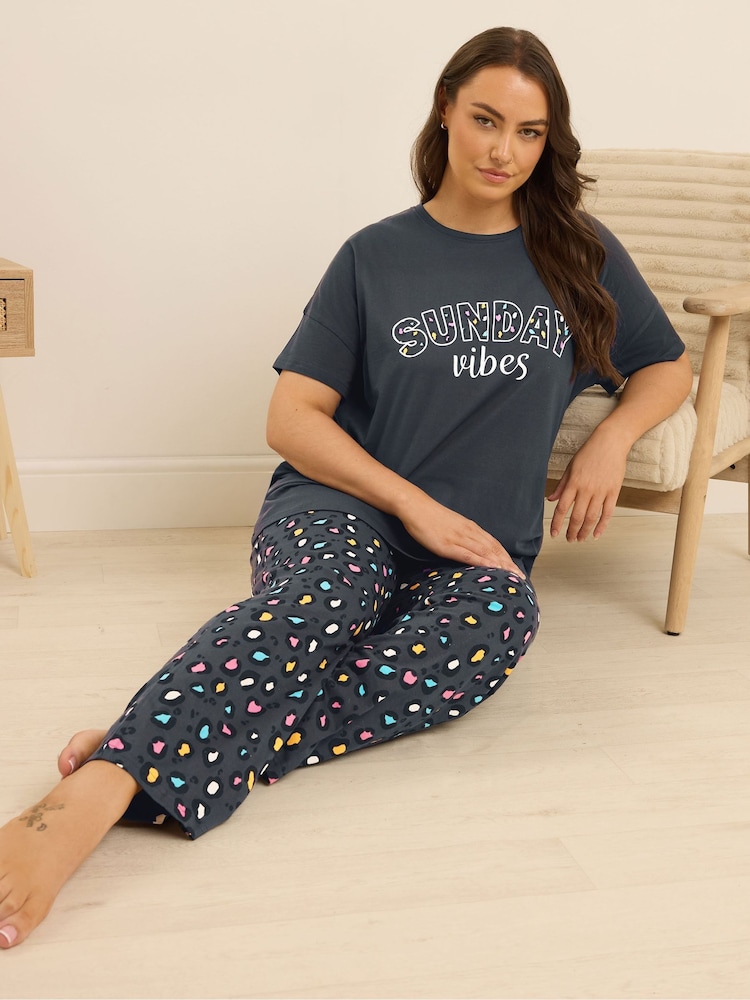 Yours Curve Blue Sunday Vibes Short Sleeve Wide Leg Pyjamas Set - Image 1 of 5
