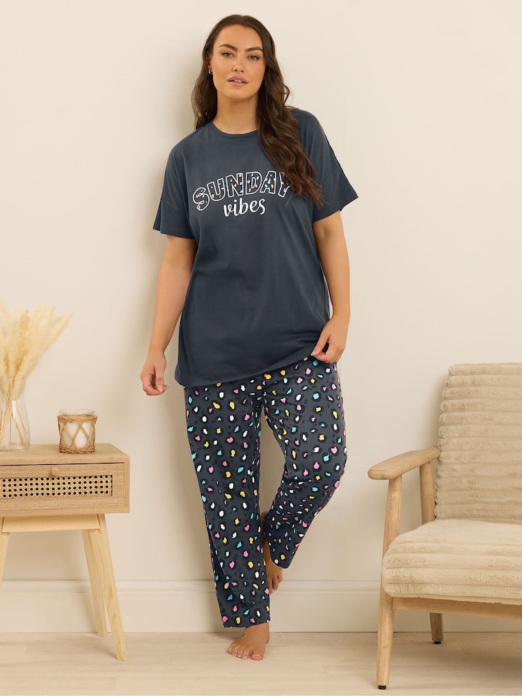 Yours Curve Blue Sunday Vibes Short Sleeve Wide Leg Pyjamas Set - Image 2 of 5